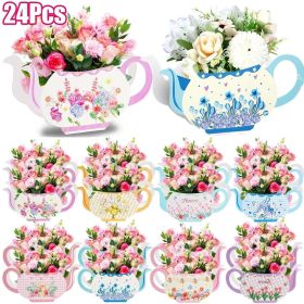 24Pcs Tea Party Table Centerpieces 4 Styles Teapot Shape Flower Box Double-Sided Pattern Paper Teapot Gift Box Spring Theme Princess Party Favor