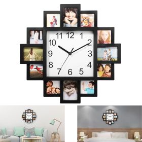 Photo Frame Clock Picture Collage 12-Picture Display Wall Clock Photowall Wall Hanging Home Decor (Color: Black)